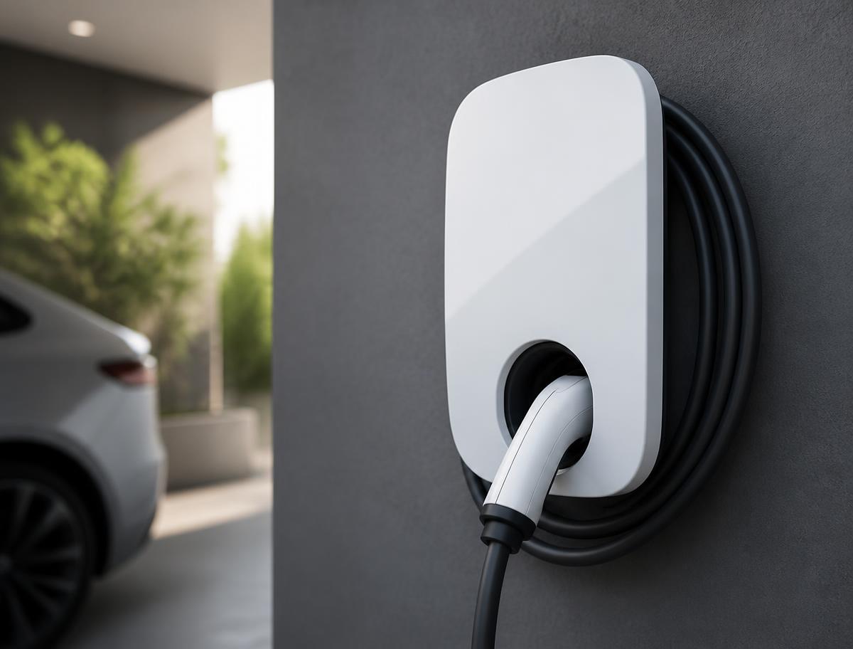 Wall-mounted home EV charger unit with a Type 2 charging cable
