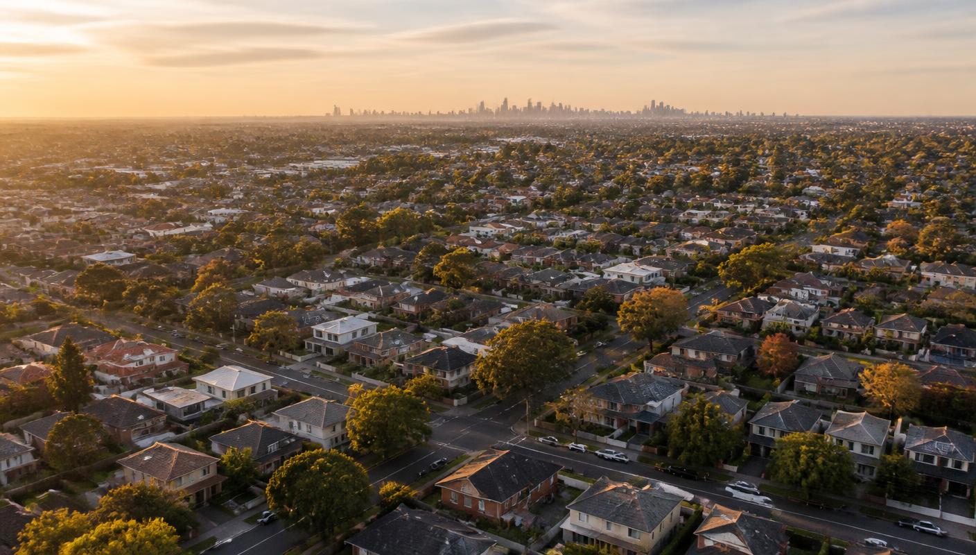 Aerial view of Melbourne suburbs with the city skyline in the distance