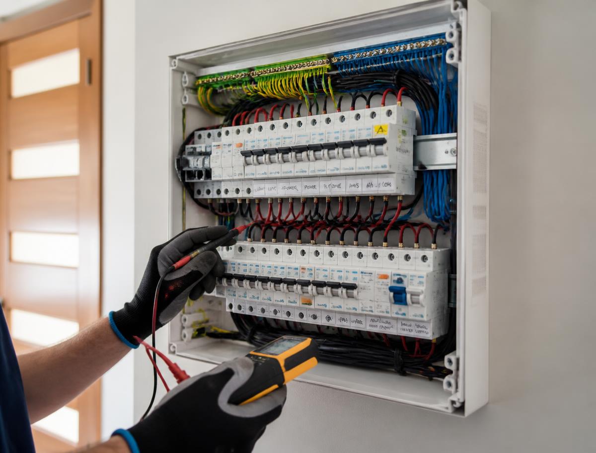 Residential electrical switchboard with circuit breakers and safety switches